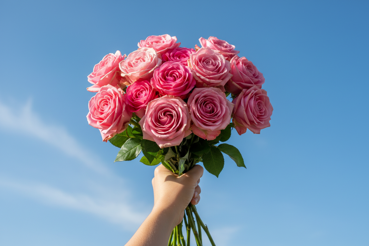 an hand holding up a dozen pink roses to the sky 