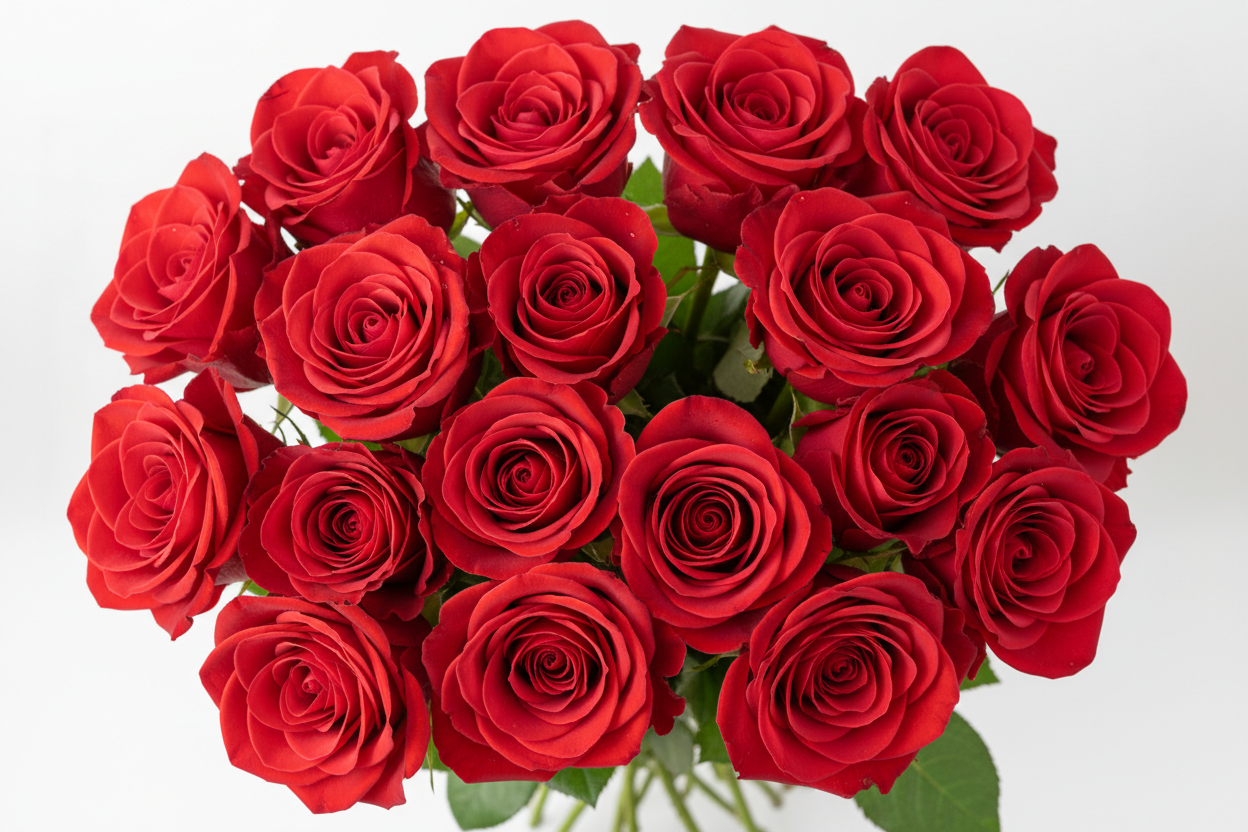 top view of a dozen red roses